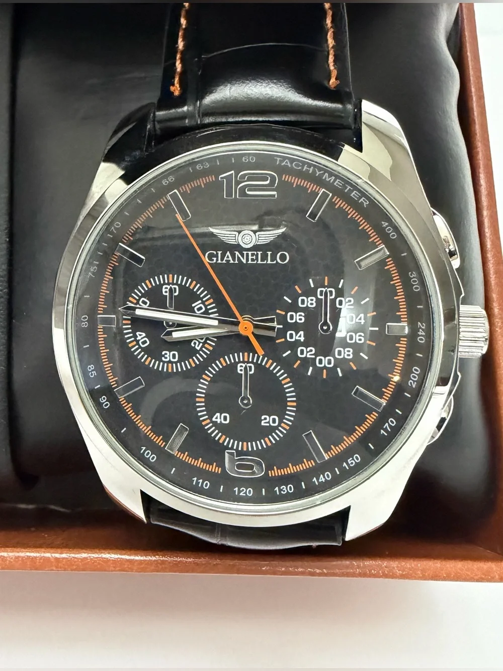 Gianello Men’s Italian Design Watch Black Leather Strap Tachymeter GNL7757BK NIB